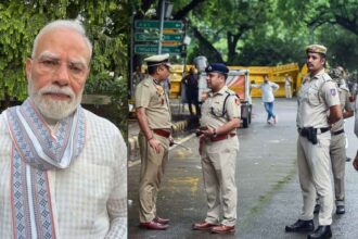 Prime Minister Narendra Modi and Delhi Police Commissioner during a press briefing on social media monitoring linked to the NEET protest controversy.