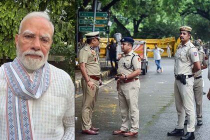 Prime Minister Narendra Modi and Delhi Police Commissioner during a press briefing on social media monitoring linked to the NEET protest controversy.