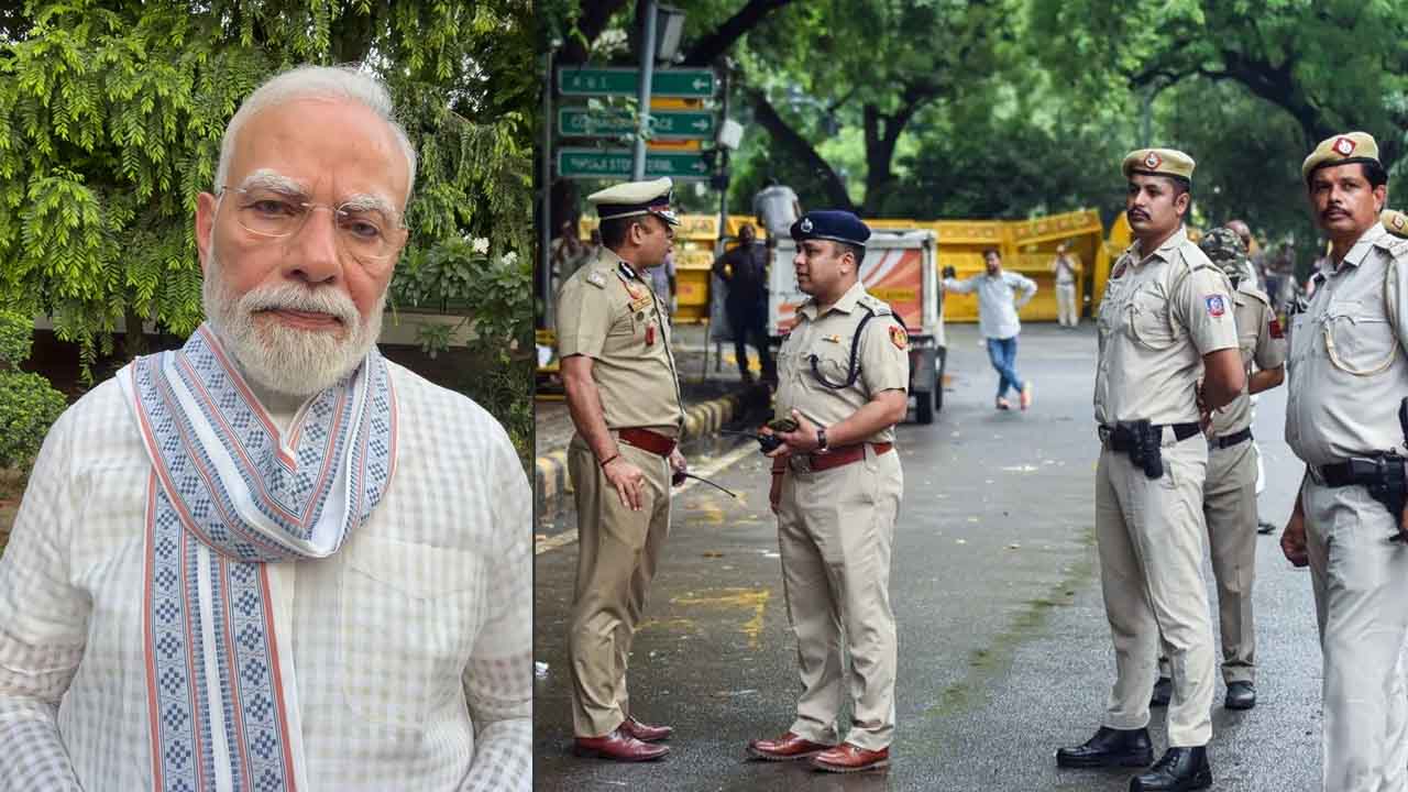 Prime Minister Narendra Modi and Delhi Police Commissioner during a press briefing on social media monitoring linked to the NEET protest controversy.